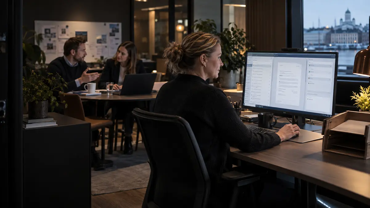 Tumma ja realistinen työympäristö, joka havainnollistaa tekoälyn käyttökohteita.