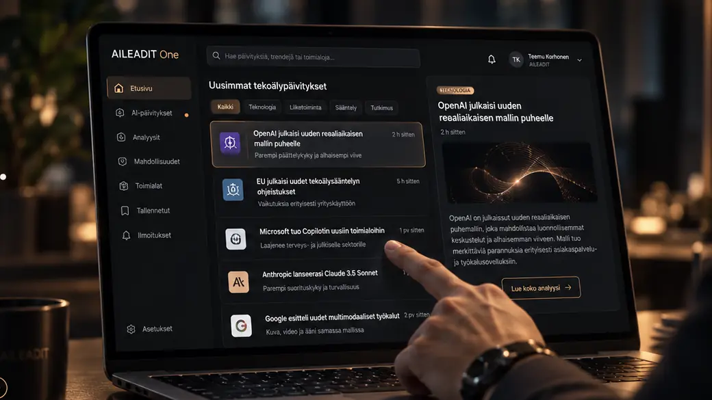 Henkilö tarkastelee ajankohtaista tekoälyyn liittyvää tietoa työpisteellä.